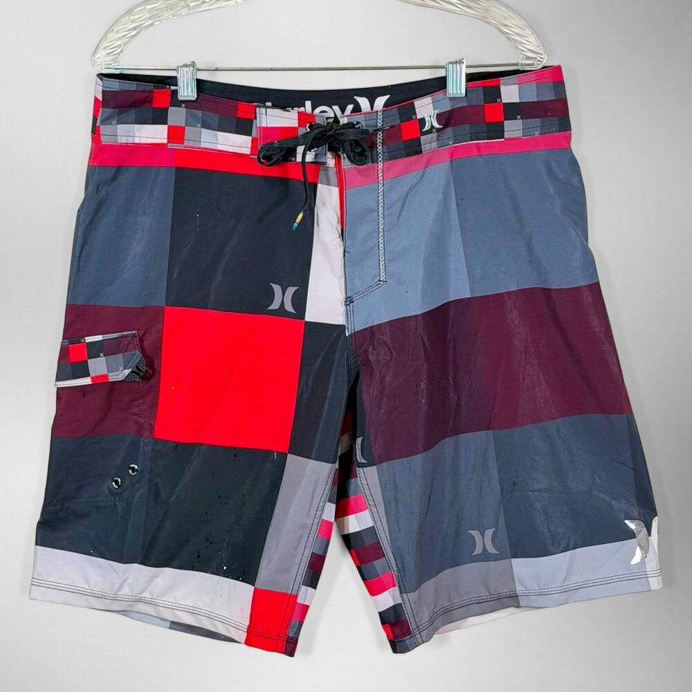 Hurley Phantom P60 Kings Road Board Shorts Mens 34 Plaid Stitched Reflective